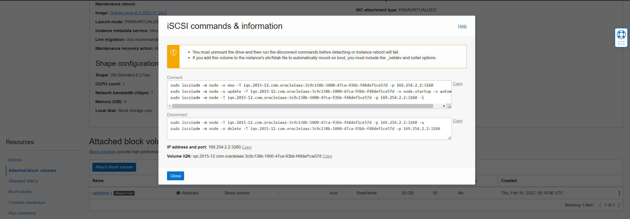 Block volume connect commands