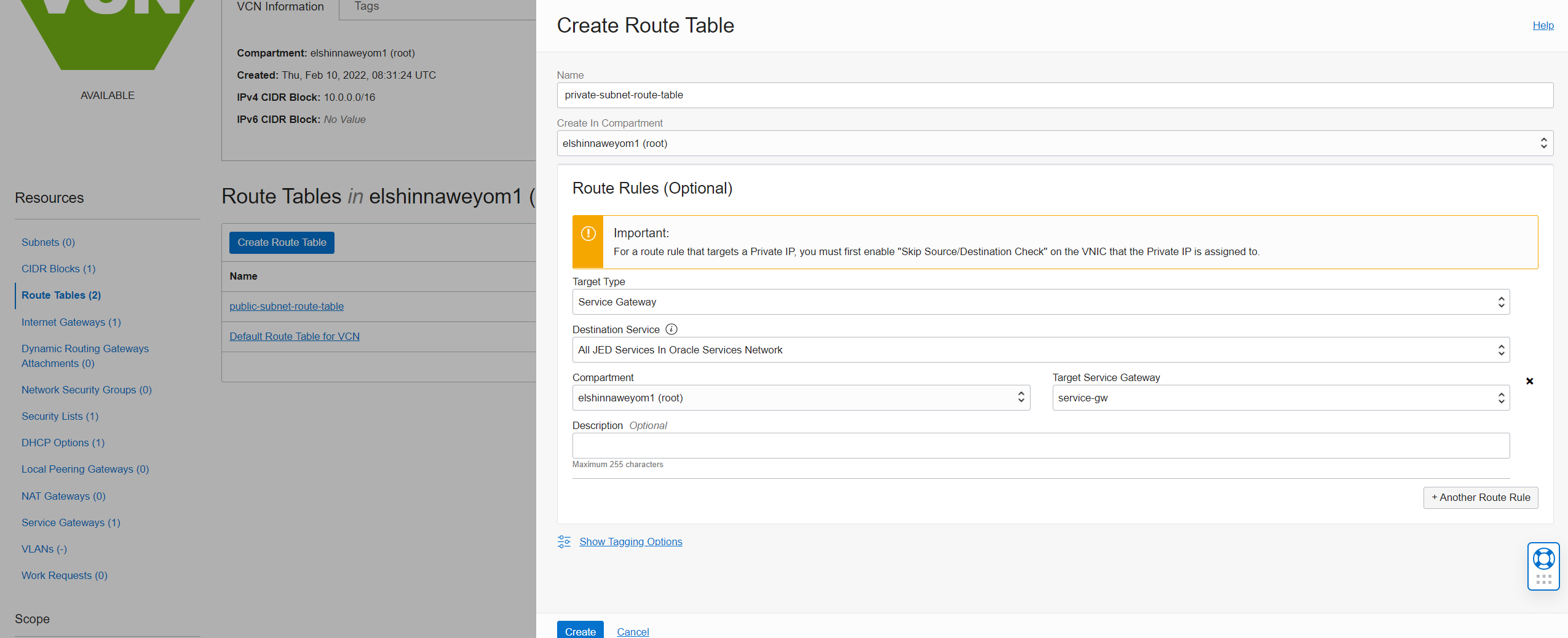 Route table for private subnets