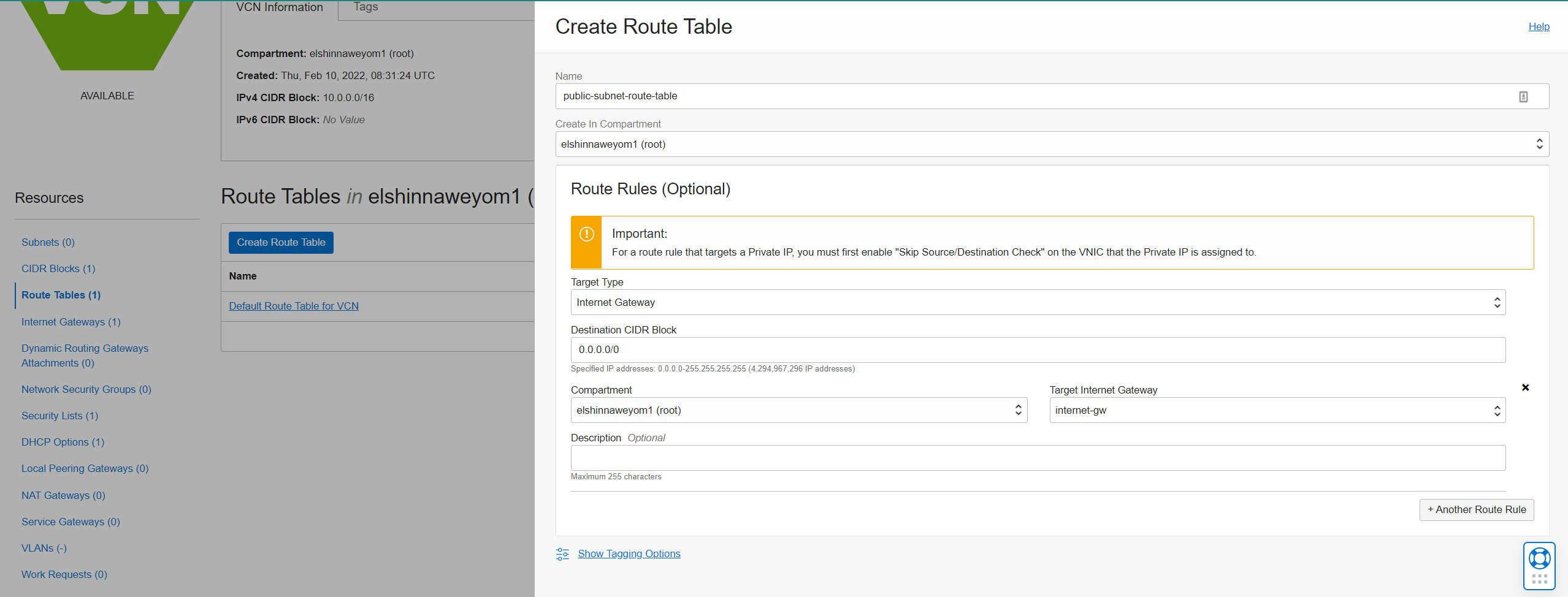 Route table for public subnet