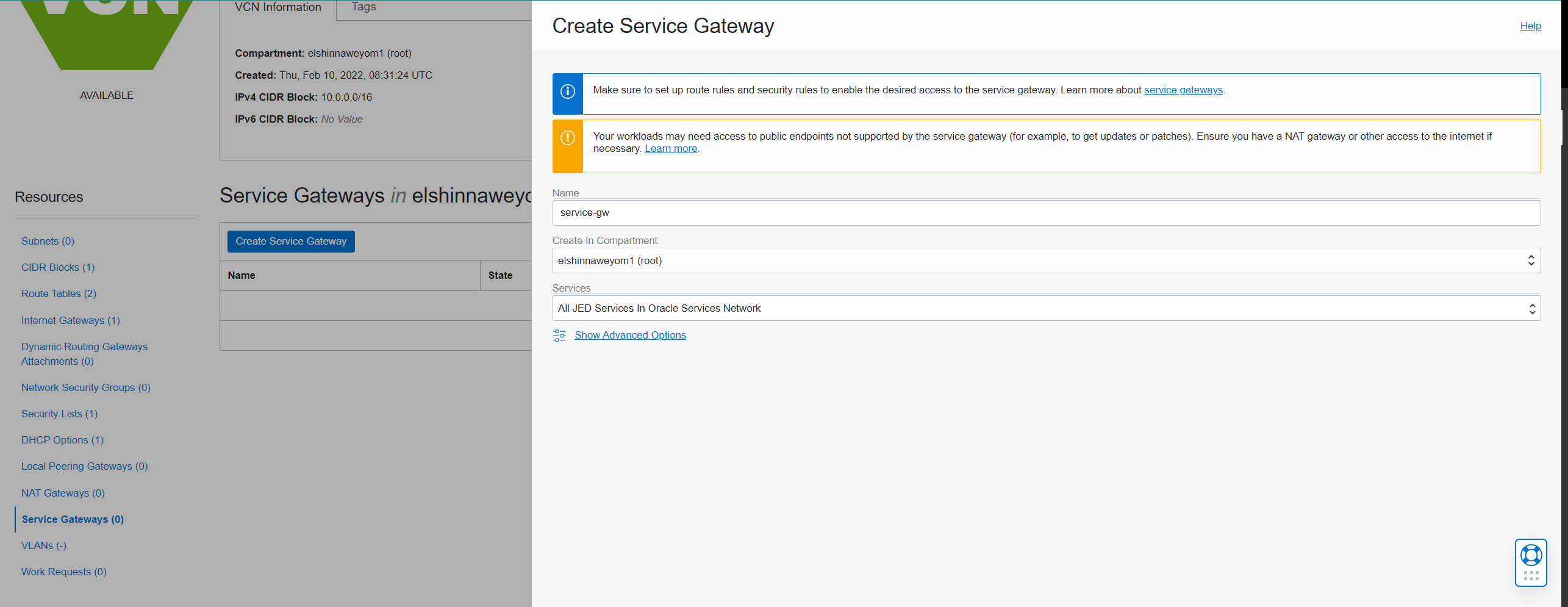 Service Gateway Creation